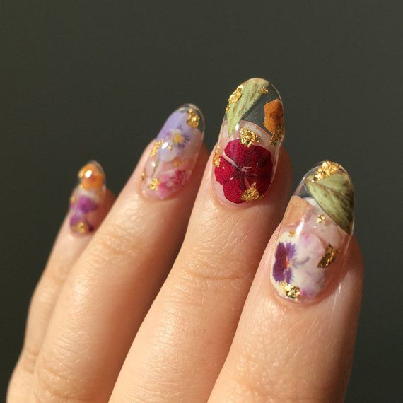 Reusable Pressed Dried Flowers Press-on Nails clear Base Gold/silver Flake – Etsy