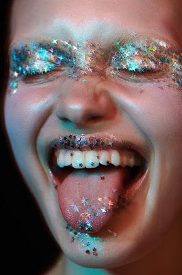 Artistic Avant Garde Fine Art Macro Glitter Beauty Photography- Glass Kiss Creative Makeup Tongue Beauty photoshoot with model Mae Van Der Weide